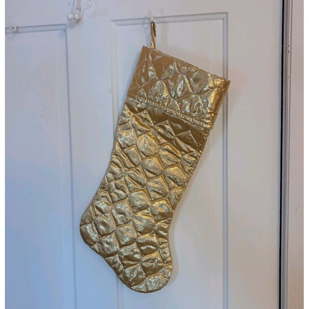 Gold Christmas Stocking In Polyester Quilted Fabric Lined Solid Color